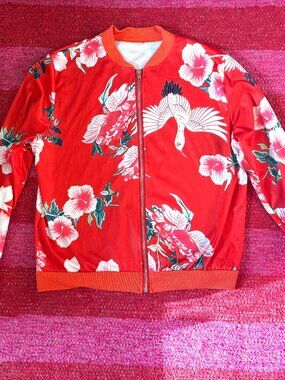 Red Crane Motif Zippered Bomber Jacket, Size Med